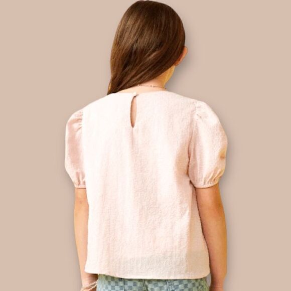 Hayden Girls Seersucker Puff Sleeve Top in  beige w keyhole closure sz XL - Picture 2 of 12